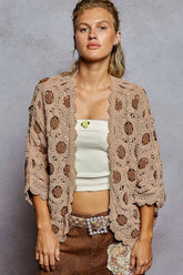 POL Openwork V-Neck Chenille Cardigan with Contrast Floral OutfitFlow